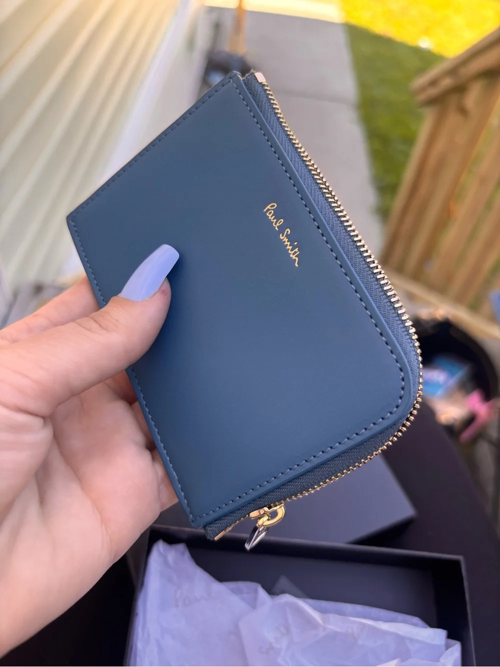 Paul Smith Teal Zip Card Holder with Gold Hardware